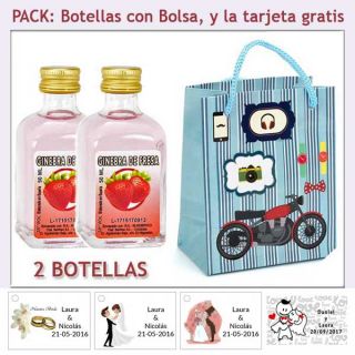 2 Botellitas de Ginebra de Fresa con bolsa con moto roja y tarjeta