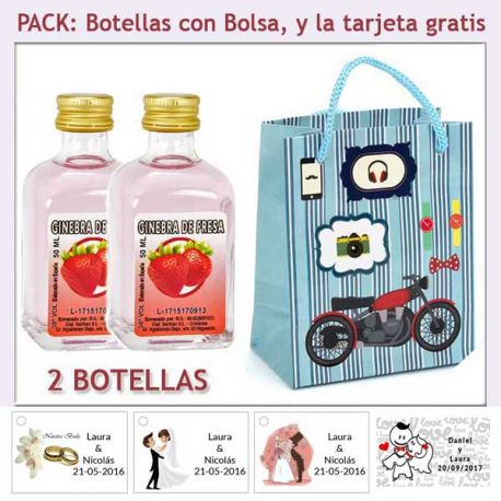 2 Botellitas de Ginebra de Fresa con bolsa con moto roja y tarjeta