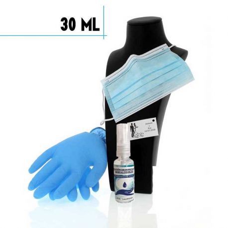 Kit Higienizante Mascarilla + Guantes + Loción 30 ml+ Bolsa + Pegatina