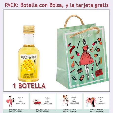 Botellita de Ron Miel con bolsa fashion con mujer y tarjeta