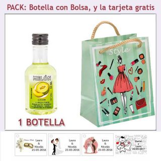 Botellita de Licor de Melón con bolsa fashion con mujer y tarjeta