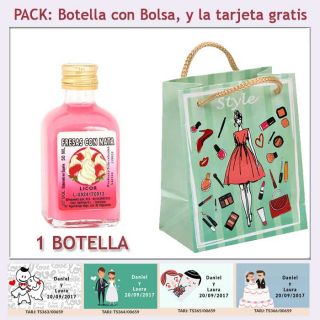 Botellita de Licor de Fresas con Nata con bolsa fashion con mujer y tarjeta