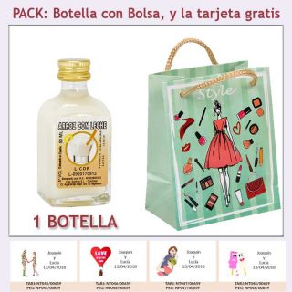 Botellita de Licor de Arroz con Leche con bolsa fashion con mujer y tarjeta