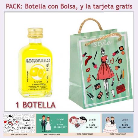 Botellita de Limoncielo con bolsa fashion con mujer y tarjeta