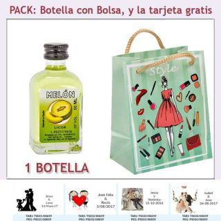 Botellita de Licor de Melón con bolsa fashion con mujer y tarjeta
