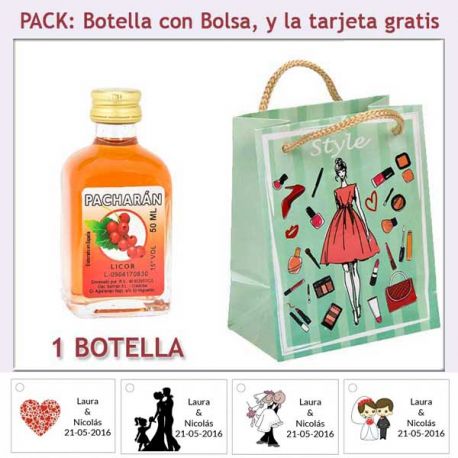 Botellita de Pacharán con bolsa fashion con mujer y tarjeta