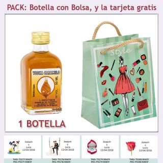 Botellita de Vodka Caramelo con bolsa fashion con mujer y tarjeta