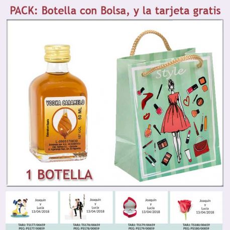 Botellita de Vodka Caramelo con bolsa fashion con mujer y tarjeta