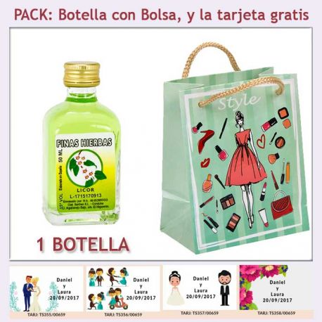 Botellita de Licor de Finas Hierbas con bolsa fashion con mujer y tarjeta