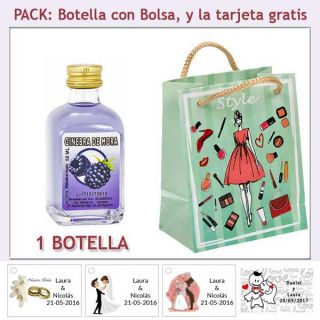 Botellita de Ginebra de Mora con bolsa fashion con mujer y tarjeta
