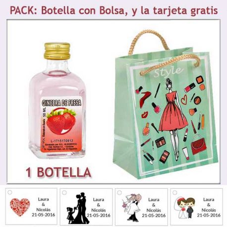 Botellita de Ginebra de Fresa con bolsa fashion con mujer y tarjeta