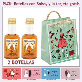 2 Botellitas de Licor de Vodka Caramelo con bolsa fashion con mujer y tarjeta