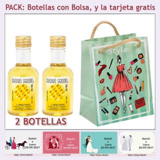 2 Botellitas de Ron Miel con bolsa fashion con mujer y tarjeta