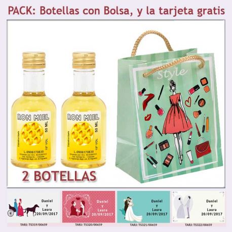 2 Botellitas de Ron Miel con bolsa fashion con mujer y tarjeta