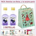 2 Botellitas de Ginebra de Mora con bolsa fashion con mujer y tarjeta