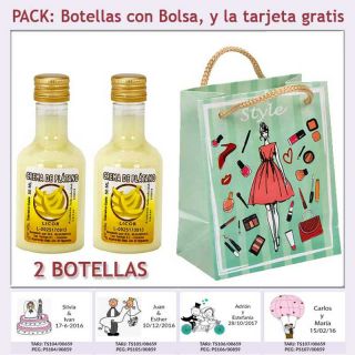 2 Botellitas de Licor de Crema de Plátano con bolsa fashion con mujer y tarjeta