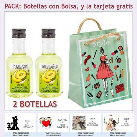 2 Botellitas de Licor de Melón con bolsa fashion con mujer y tarjeta