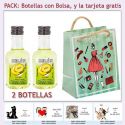 2 Botellitas de Licor de Melón con bolsa fashion con mujer y tarjeta