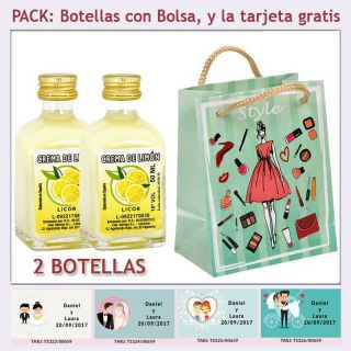 2 Botellitas de Crema de Limón con bolsa fashion con mujer y tarjeta