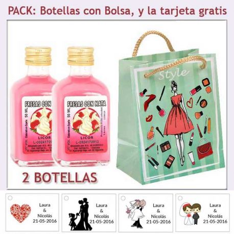 2 Botellitas de Licor de Fresas con Nata con bolsa fashion con mujer y tarjeta
