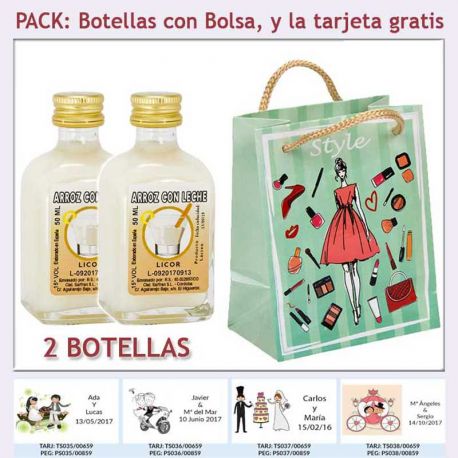 2 Botellitas de Licor de Arroz con Leche con bolsa fashion con mujer y tarjeta