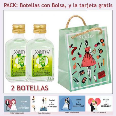 2 Botellitas de Ron Mojito con bolsa fashion con mujer y tarjeta