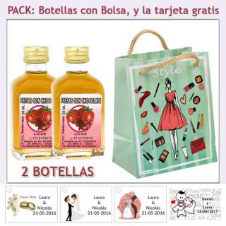 2 Botellitas de Licor Fresas con Chocolate con bolsa fashion con mujer y tarjeta