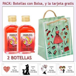 2 Botellitas de Licor Piruleta con bolsa fashion con mujer y tarjeta