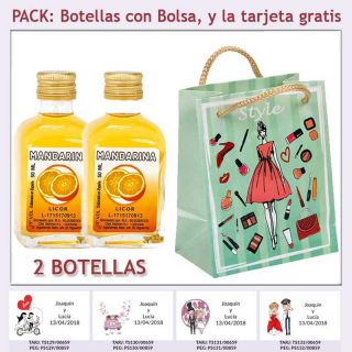 2 Botellitas de Licor de Mandarina con bolsa fashion con mujer y tarjeta