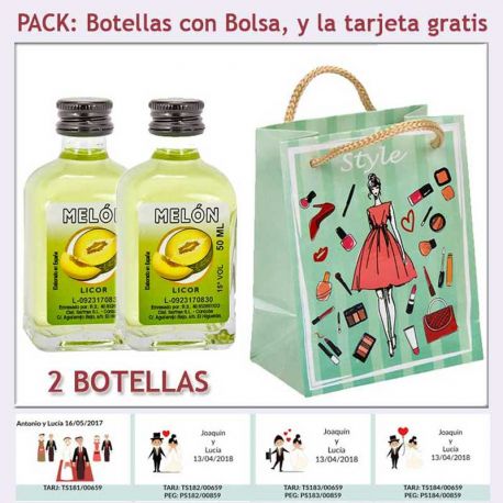 2 Botellitas de Licor de Melón con bolsa fashion con mujer y tarjeta