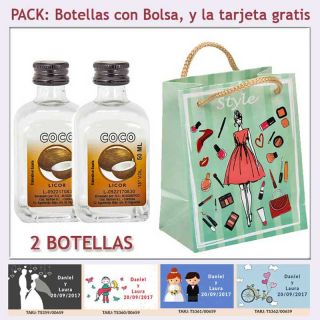 2 Botellitas de Licor de Coco con bolsa fashion con mujer y tarjeta