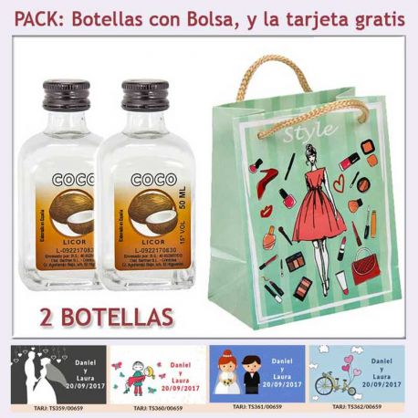 2 Botellitas de Licor de Coco con bolsa fashion con mujer y tarjeta