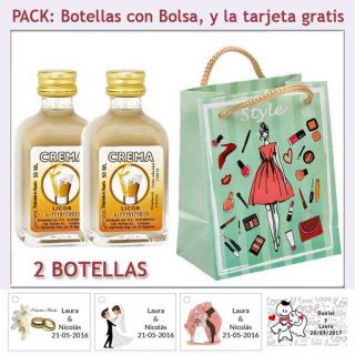 2 Botellitas de Licor de Crema con bolsa fashion con mujer y tarjeta
