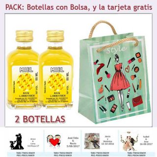 2 Botellitas de Ron Miel con bolsa fashion con mujer y tarjeta