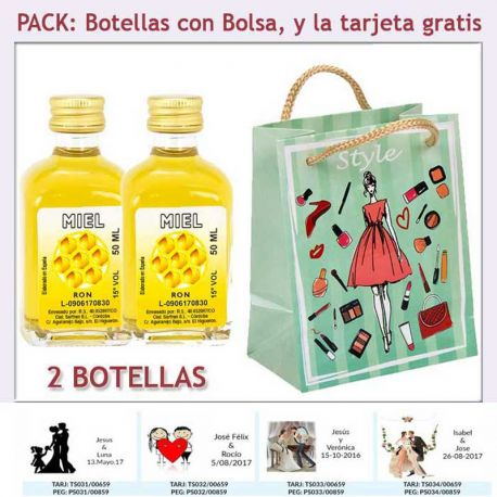 2 Botellitas de Ron Miel con bolsa fashion con mujer y tarjeta