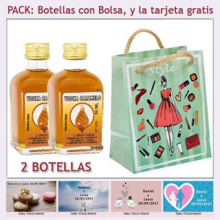 2 Botellitas de Vodka Caramelo con bolsa fashion con mujer y tarjeta