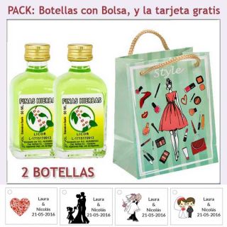 2 Botellitas de Licor de Finas Hierbas con bolsa fashion con mujer y tarjeta