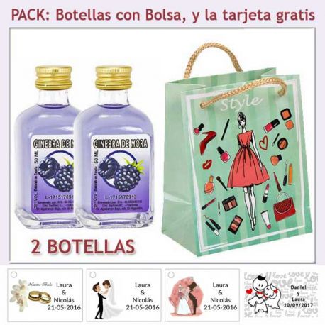2 Botellitas de Ginebra de Mora con bolsa fashion con mujer y tarjeta