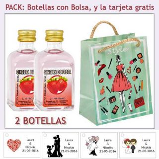 2 Botellitas de Ginebra de Fresa con bolsa fashion con mujer y tarjeta