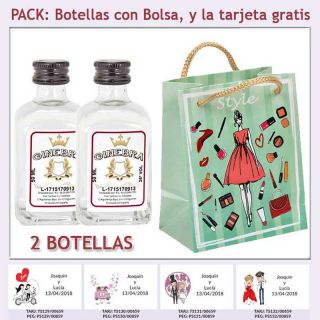 2 Botellitas de Ginebra Blanca con bolsa fashion con mujer y tarjeta