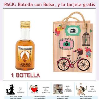 Botellita de Licor de Vodka Caramelo con bolsa vintage con bicicleta y tarjeta