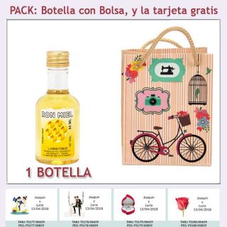 Botellita de Ron Miel con bolsa vintage con bicicleta y tarjeta