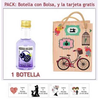 Botellita de Ginebra de Mora con bolsa vintage con bicicleta y tarjeta
