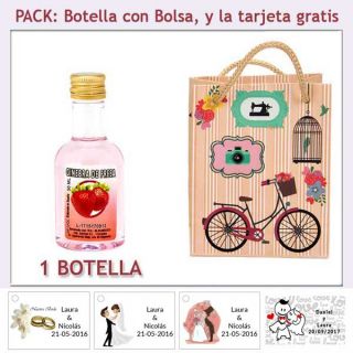 Botellita de Ginebra de Fresa con bolsa vintage con bicicleta y tarjeta