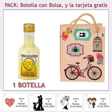 Botellita de Licor de Crema de Plátano con bolsa vintage con bicicleta y tarjeta