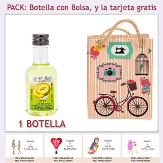 Botellita de Licor de Melón con bolsa vintage con bicicleta y tarjeta