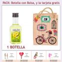 Botellita de Licor de Melón con bolsa vintage con bicicleta y tarjeta