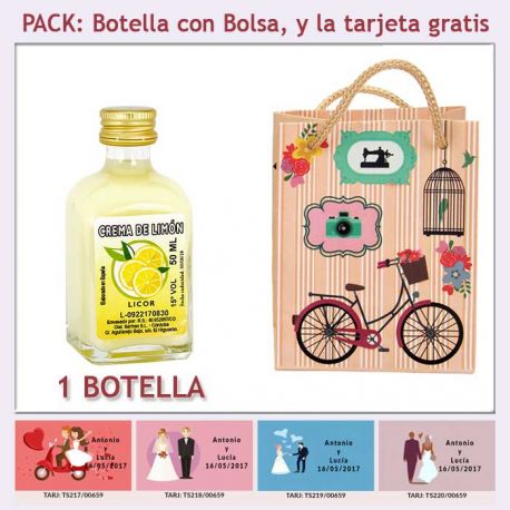 Botellita de Crema de Limón con bolsa vintage con bicicleta y tarjeta
