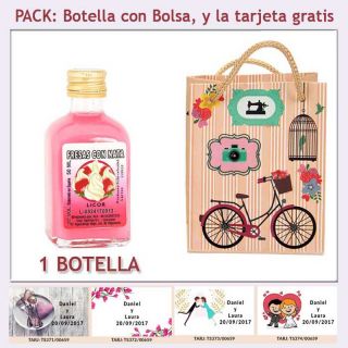 Botellita de Licor de Fresas con Nata con bolsa vintage con bicicleta y tarjeta