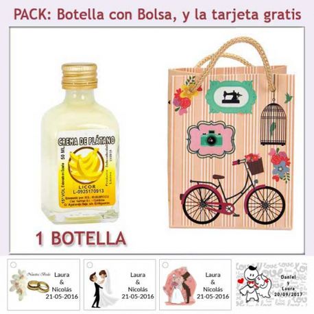 Botellita de Licor de Crema de Plátano con bolsa vintage con bicicleta y tarjeta